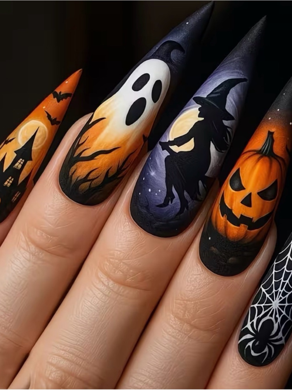 Halloween Themed Press-On Nail Set in Orange, Black & Purple